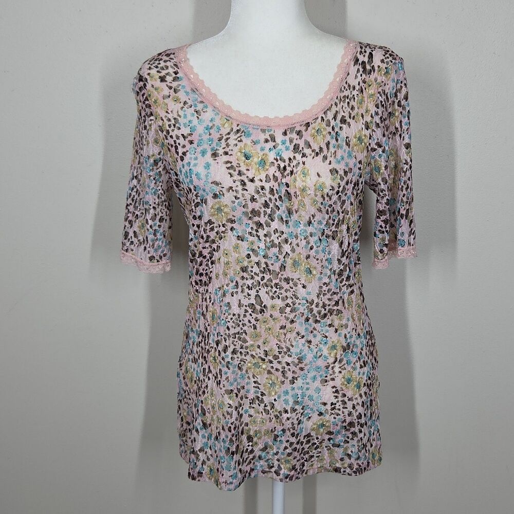 Vtg Y2K BKE Pink Leopard Floral Lace Mesh Top L Fairy Grunge Coquette Mcbling